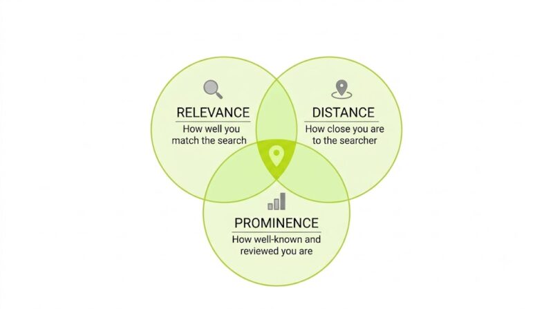 Diagram of the three Google Map Pack ranking factors relevance, distance, and prominence
