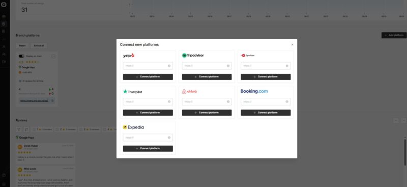 Enterprise reputation management dashboard connecting review platforms like Yelp, Tripadvisor, and Trustpilot for a business