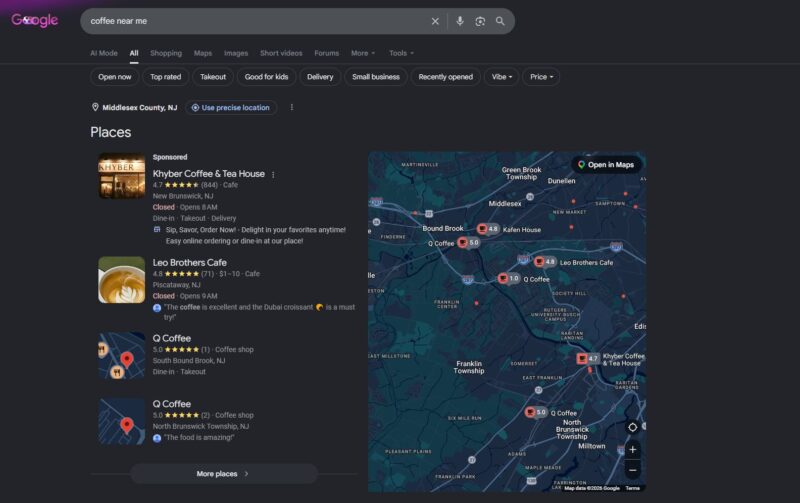 Annotated "coffee near me" Google Map Pack with three local business cards, a sponsored result, and a map of nearby pins, with the key elements labeled