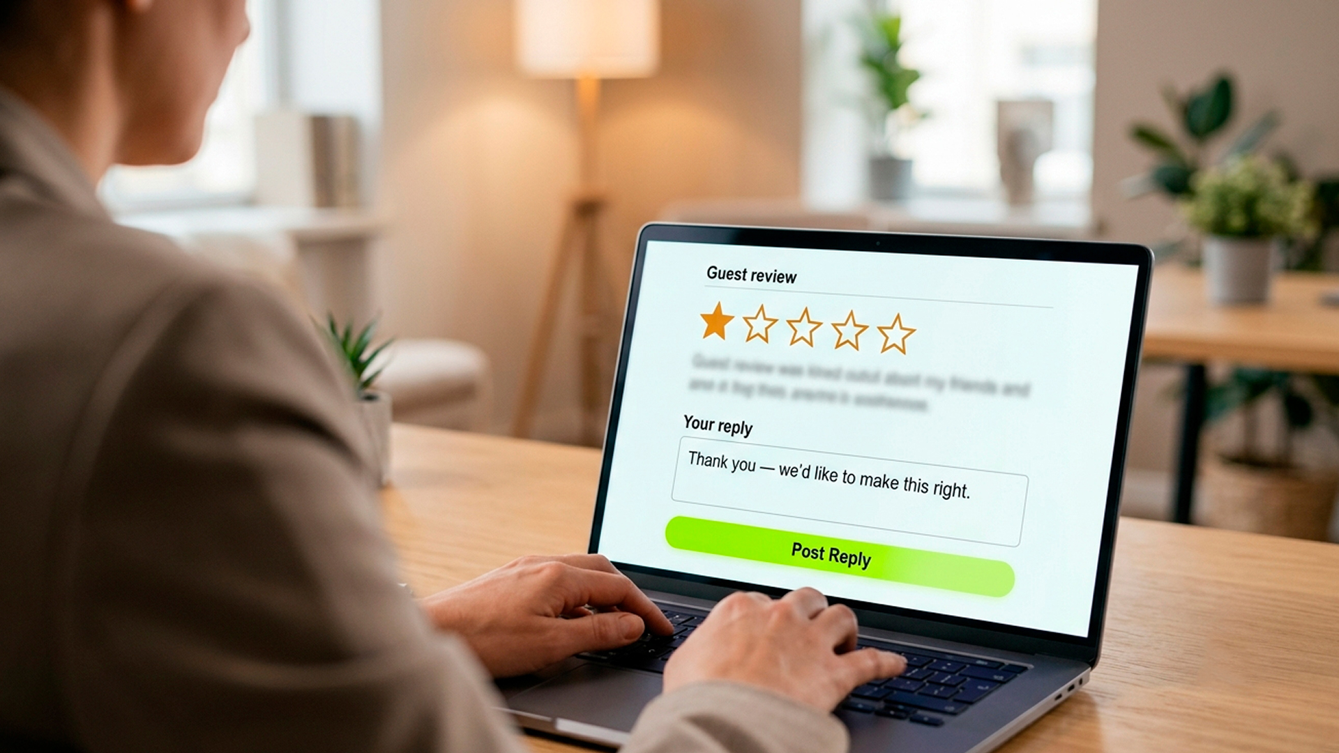 Business owner writing a calm public response to a negative customer review instead of trying to remove it
