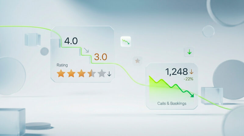 Chart showing a business rating dropping from 4.0 to 3.0 stars alongside a 22% decline in calls and bookings.