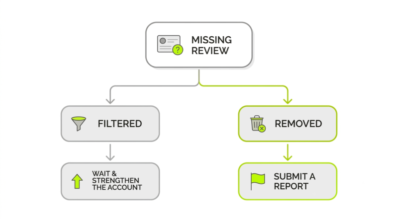 Decision path for recovering a missing Yelp review, filtered versus removed