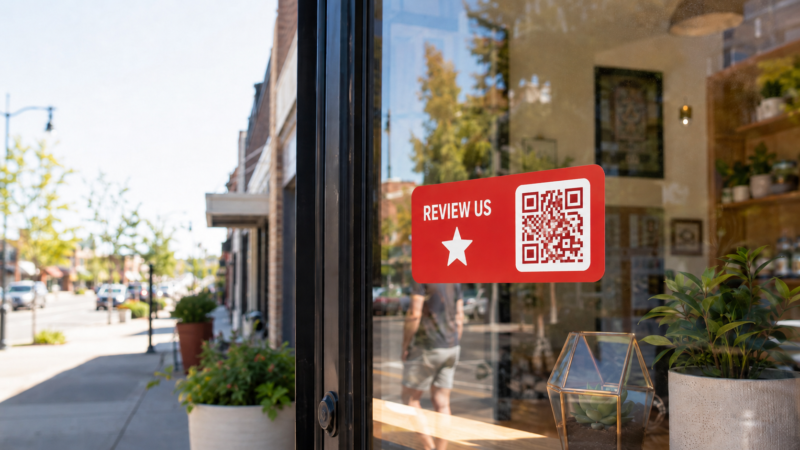 Find us on Yelp window sticker on a small business storefront guiding customers to the listing