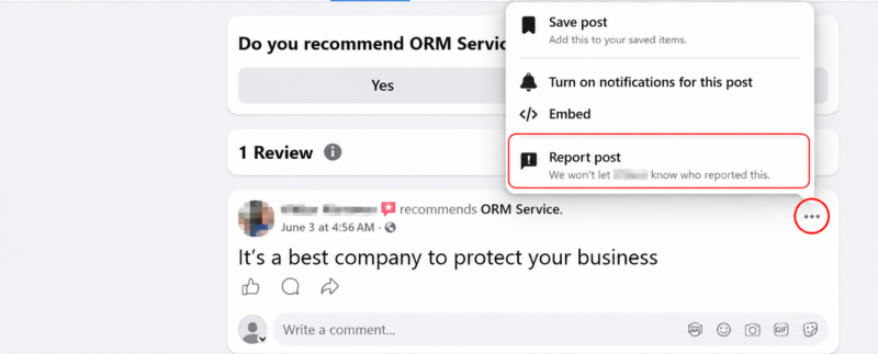 Reporting a Facebook review via the three dots menu on a business Page