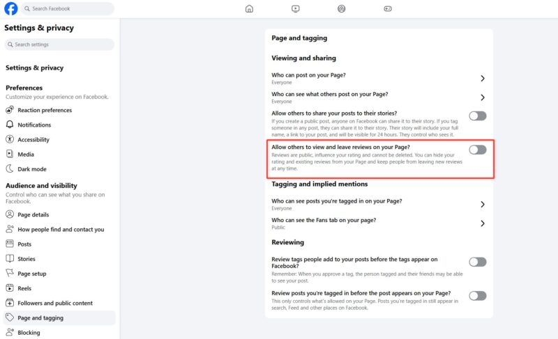 The Facebook Page setting that turns reviews and recommendations on or off