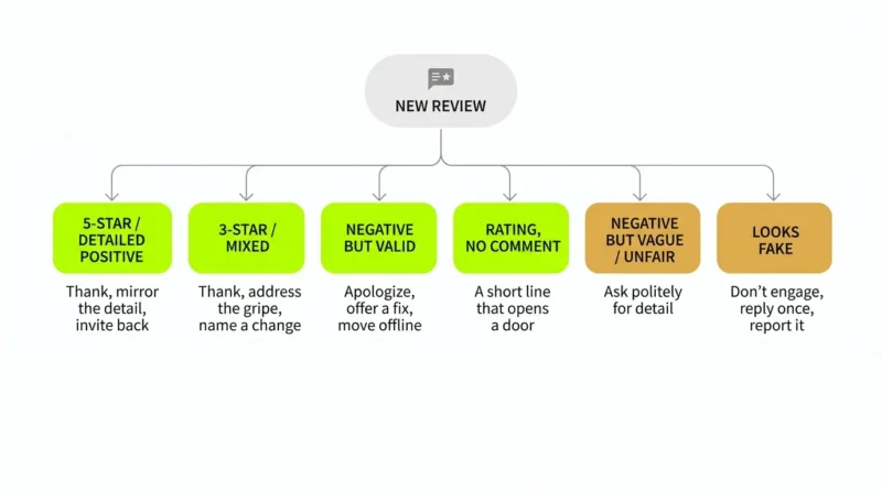 Decision flowchart matching each review type to the right response template