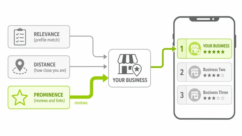 Diagram of how reviews feed the prominence signal in Google local ranking